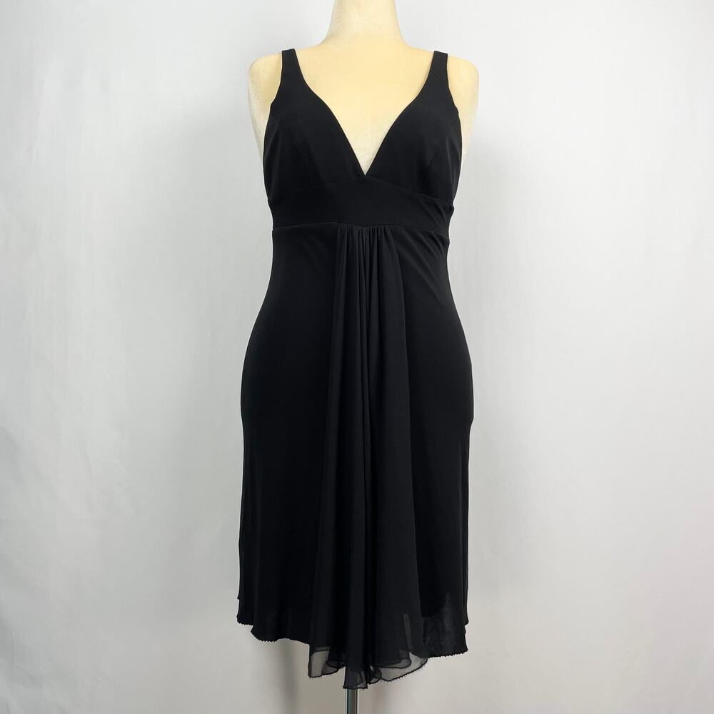 Maria Bianca Nero Plunge Neck‎ Cocktail Dress Size M Black Crepe Silk LBD Glam